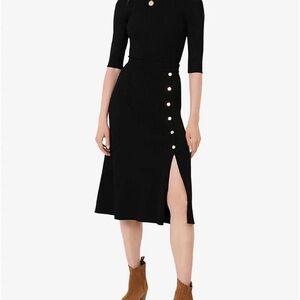 Maje Black A-Line Ribbed Skirt with Gold Buttons